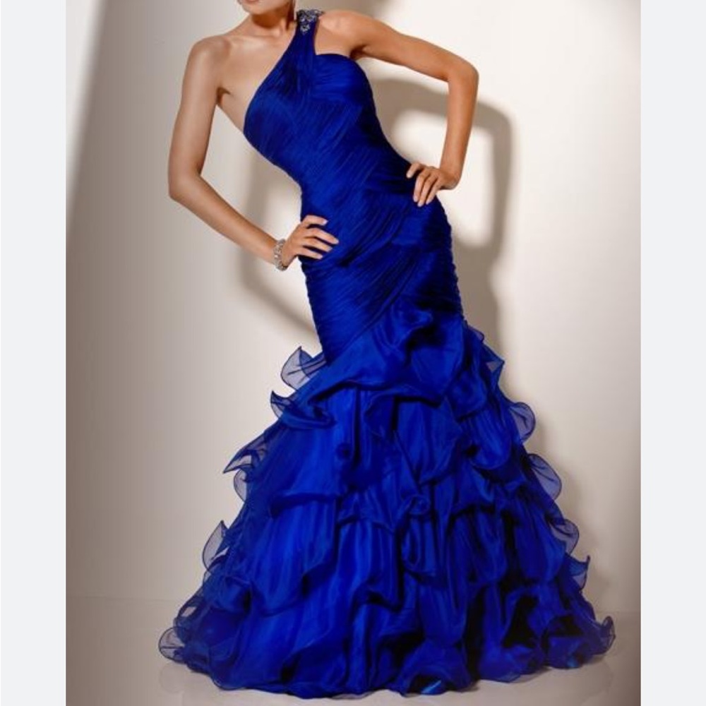 JOVANI 5888 Royal Blue Silk Mermaid One Shoulder Rhinestone Prom Dress
